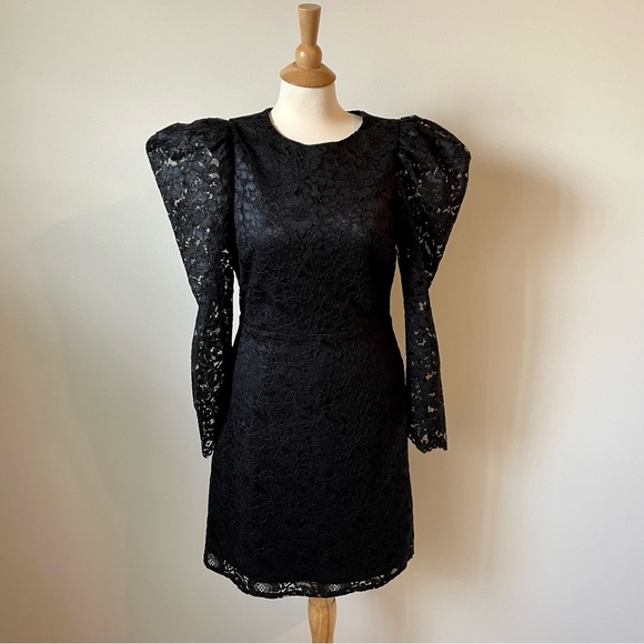 NWT EXPRESS Black Lace Puff Sleeve Fit and Flare Dress - Picture 6 of 9